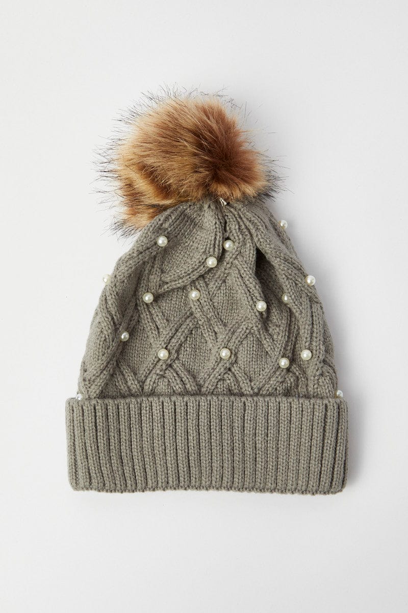 Grey Faux Fur Pom Pom Beanie for Ally Fashion