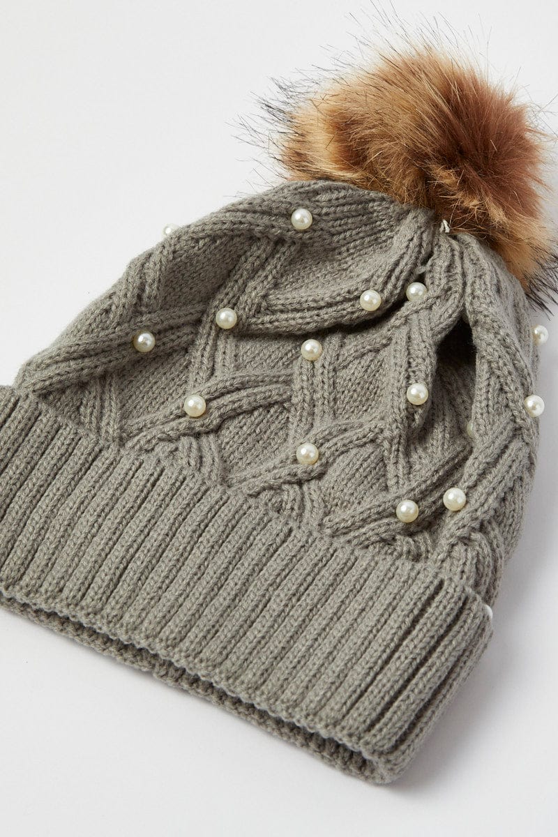 Grey Faux Fur Pom Pom Beanie for Ally Fashion