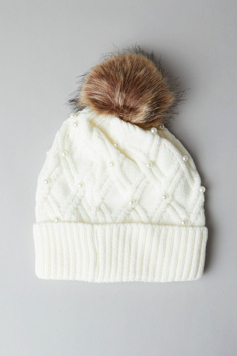 White Faux Fur Pom Pom Beanie for Ally Fashion