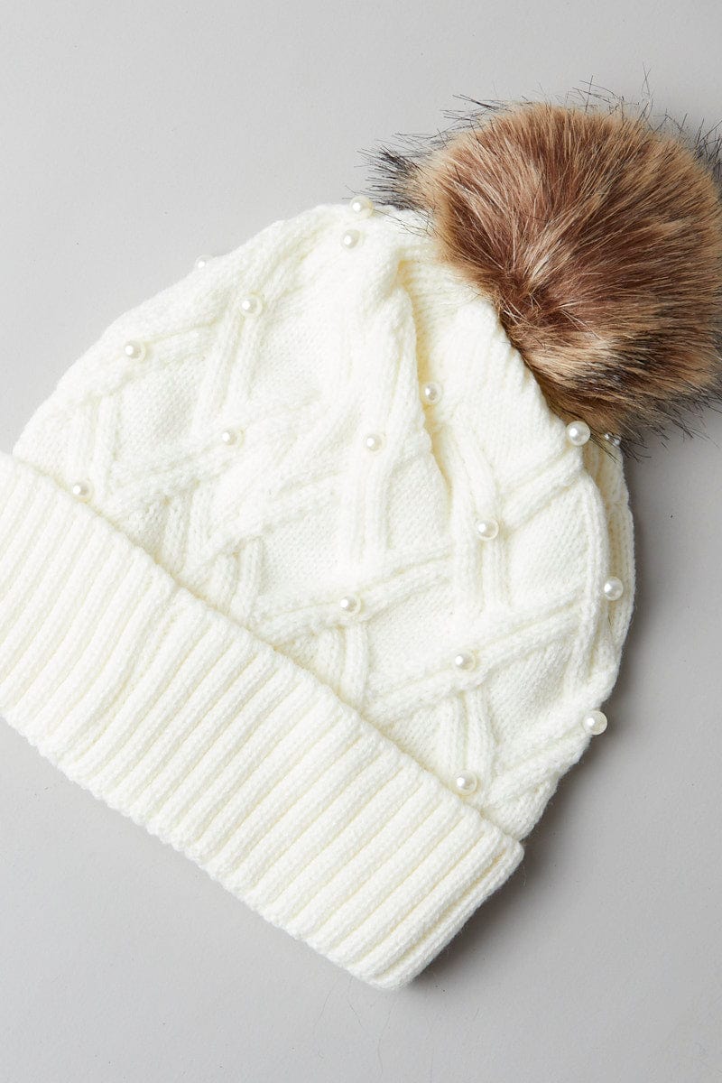 White Faux Fur Pom Pom Beanie for Ally Fashion