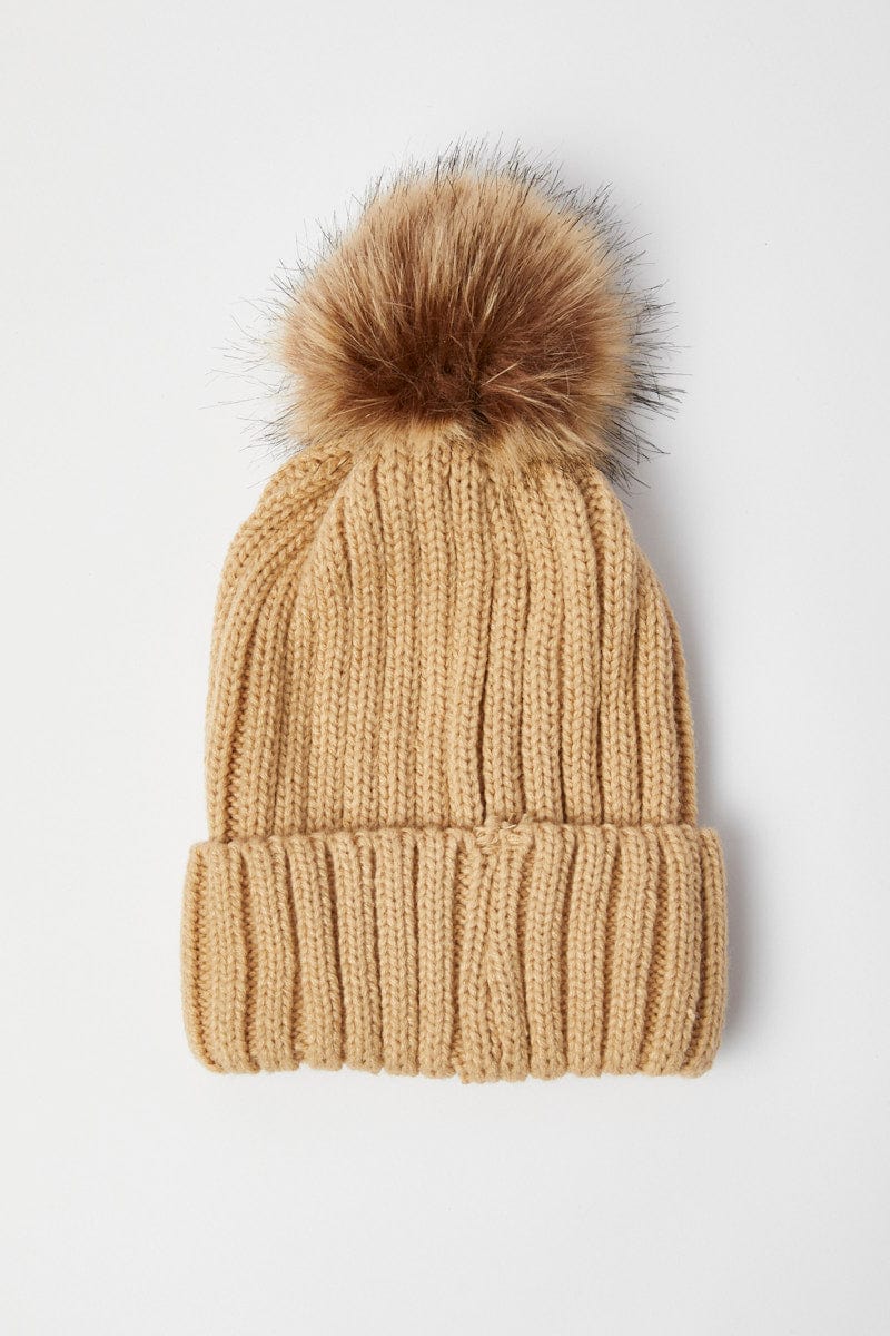 Beige Faux Fur Pom Pom Beanie for Ally Fashion