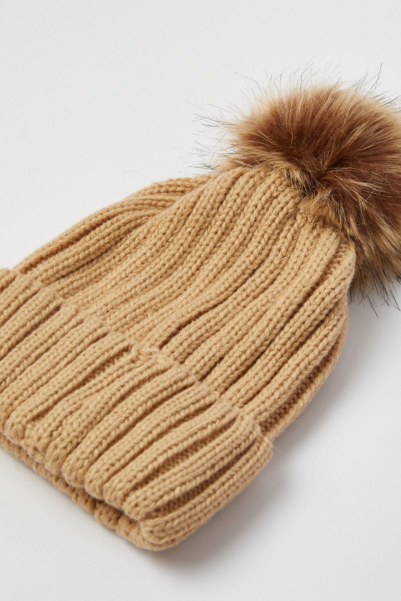 Beige Faux Fur Pom Pom Beanie for Ally Fashion