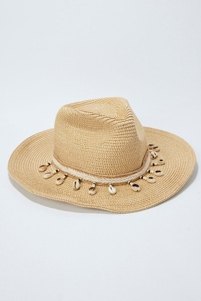 Beige Shell Detail Straw Cowboy Hat for Ally Fashion