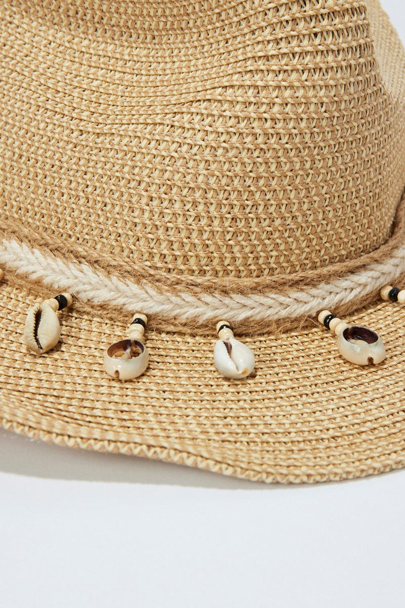 Beige Shell Detail Straw Cowboy Hat for Ally Fashion