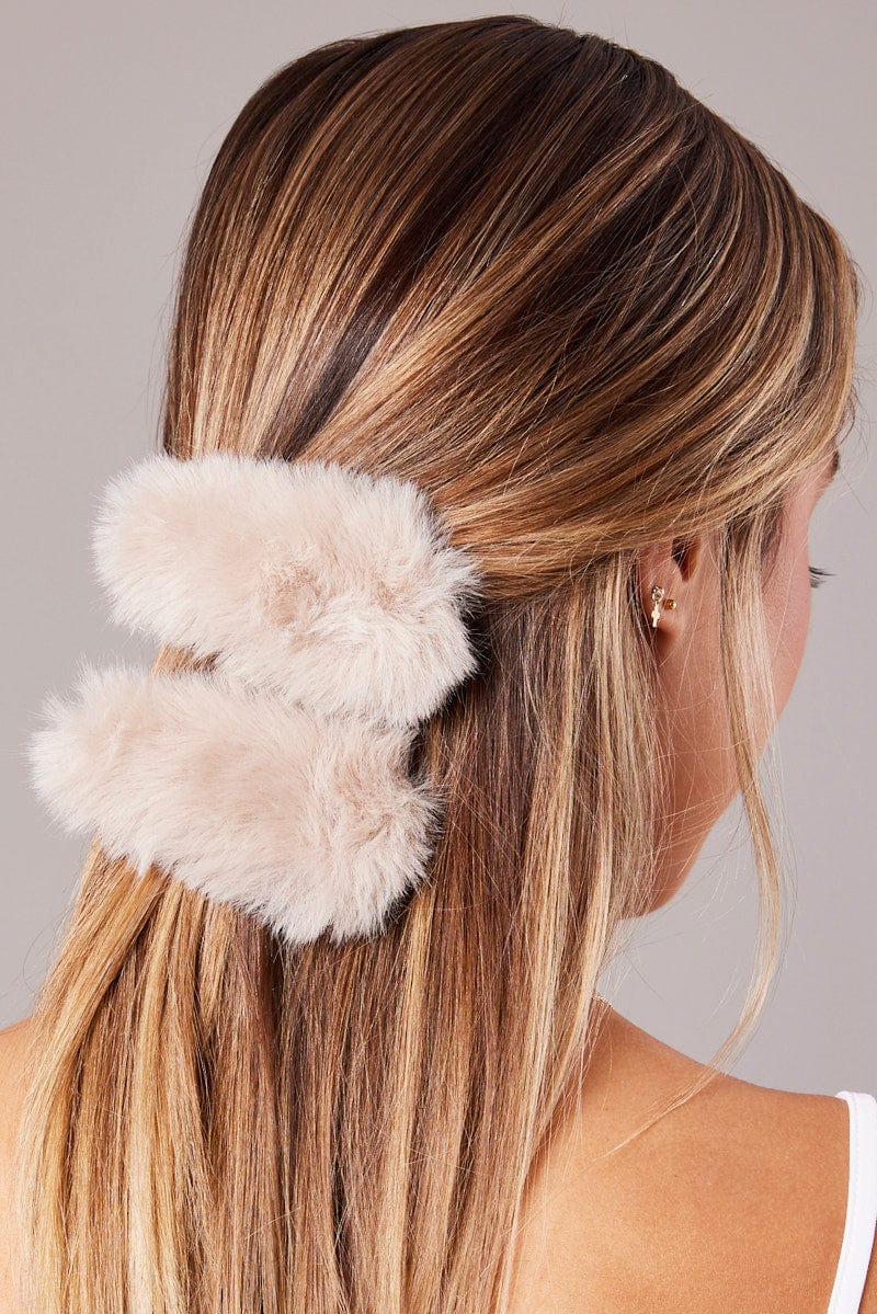 Beige 2 Pack Faux Fur Hair Clips for Ally Fashion