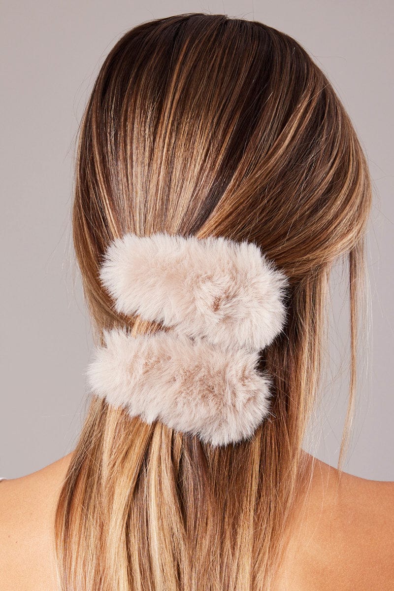 Beige 2 Pack Faux Fur Hair Clips for Ally Fashion