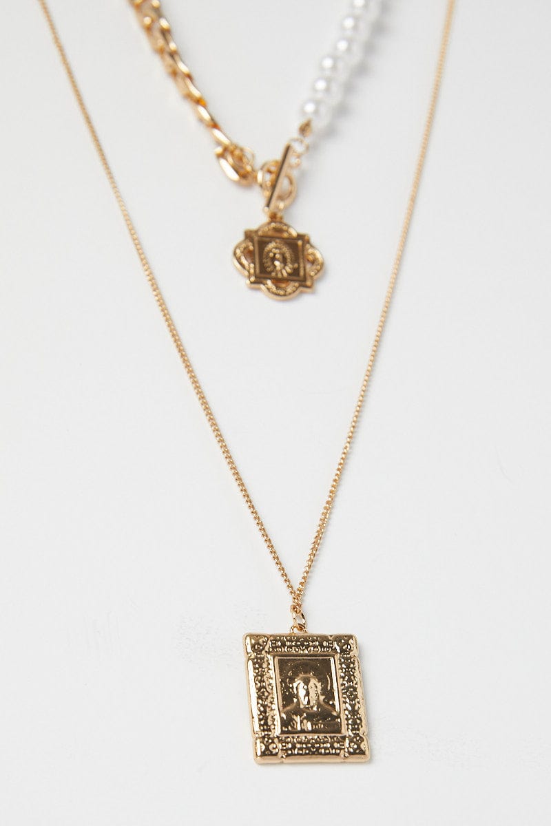 Gold Layered Necklace Pearl and Square Pendant for Ally Fashion