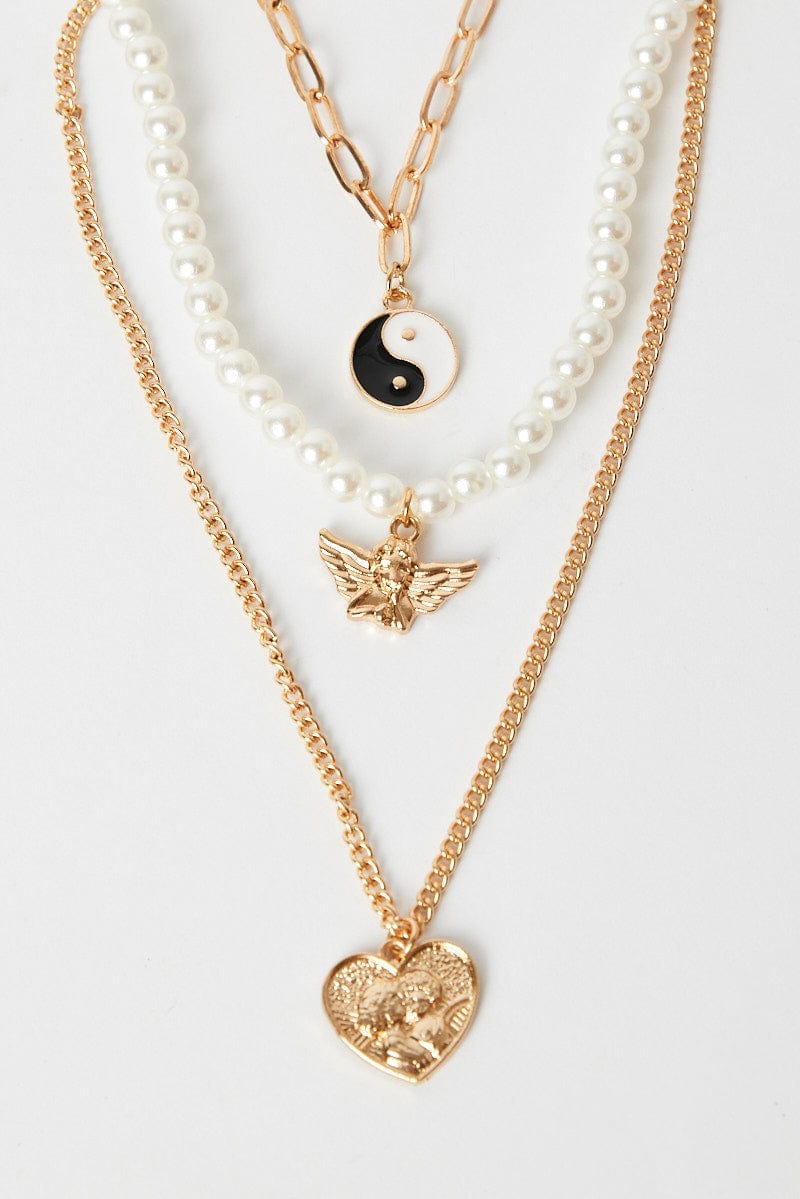 Gold 3 Pack Pendent Necklaces Angel Heart Yin yang for Ally Fashion