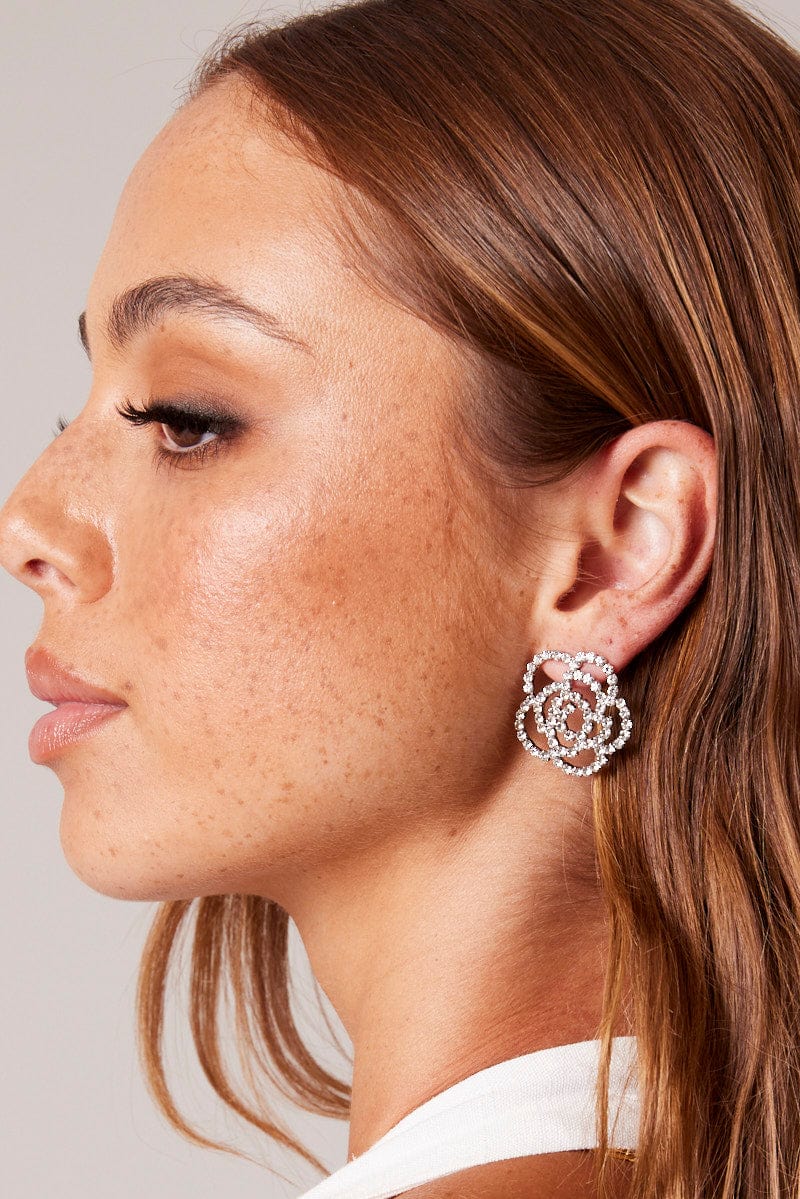Silver Rose Diamonte Earrings for Ally Fashion