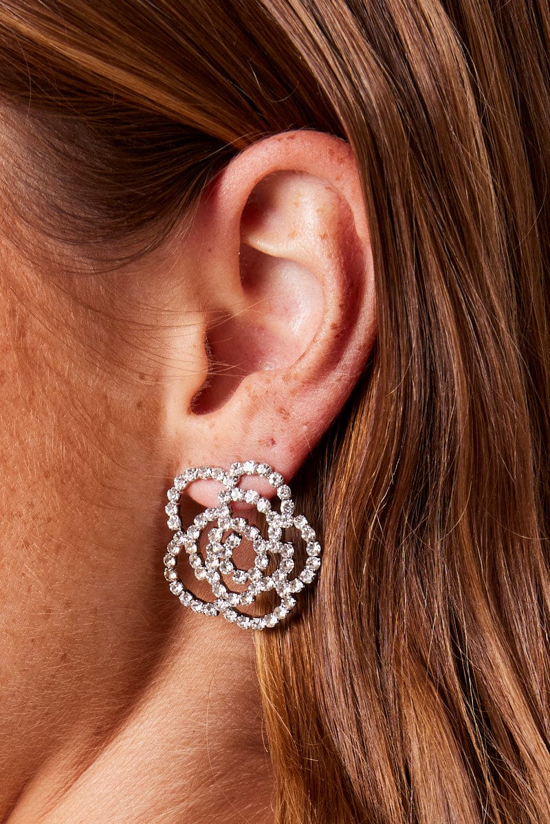 Silver Rose Diamonte Earrings for Ally Fashion