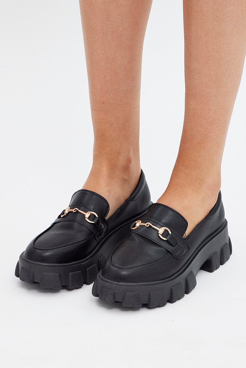Black Chunky Sole Buckle Loafers | Ally Fashion