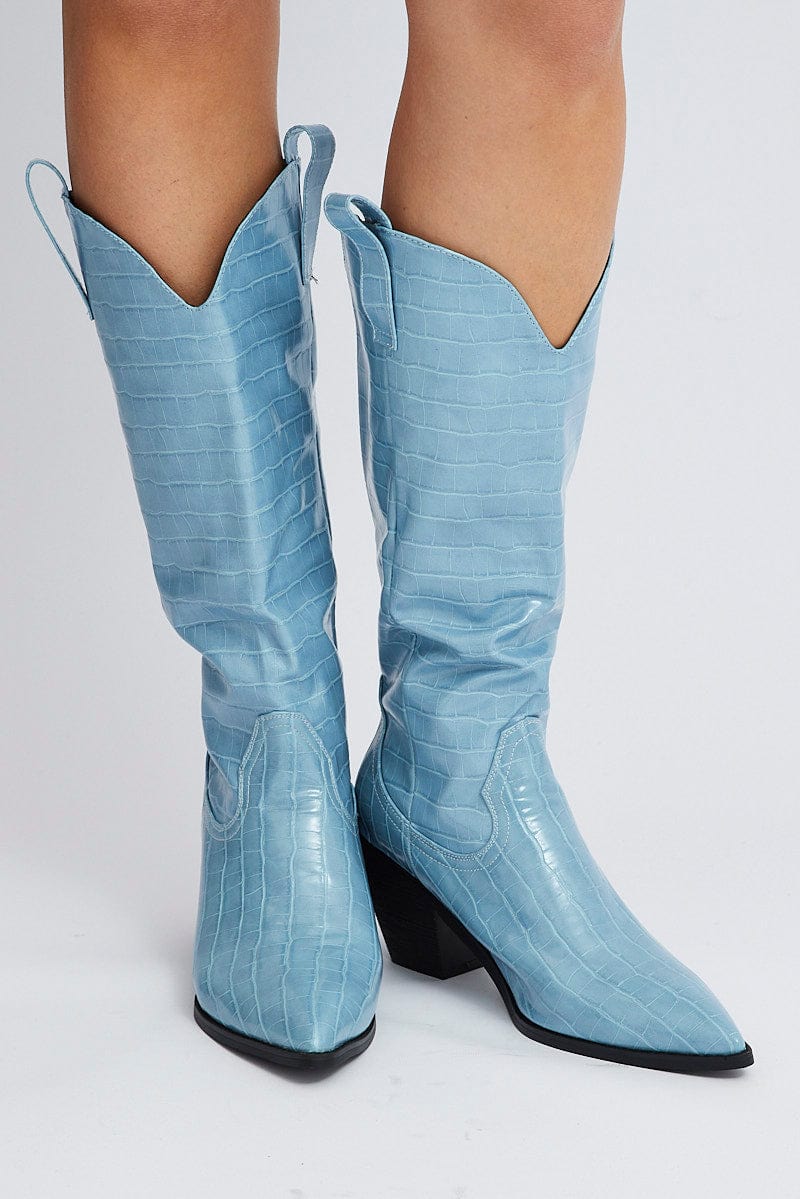 Blue Knee High Cowboy Boots for Ally Fashion