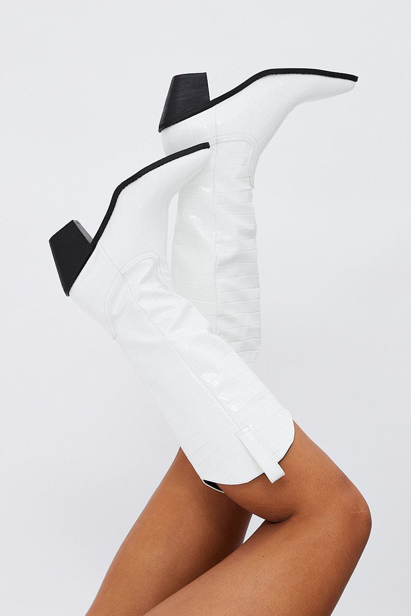 White Knee High Cowboy Boots for Ally Fashion