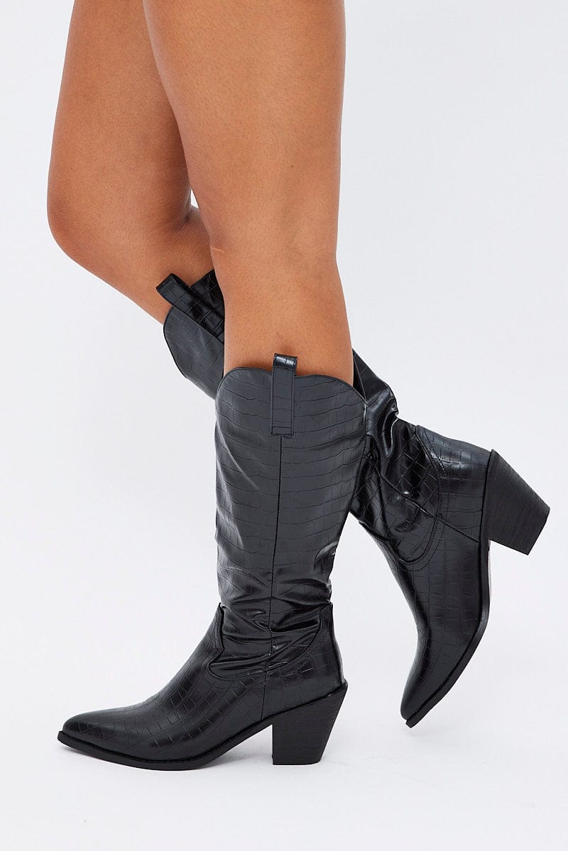 Black Knee High Cowboy Boots for Ally Fashion