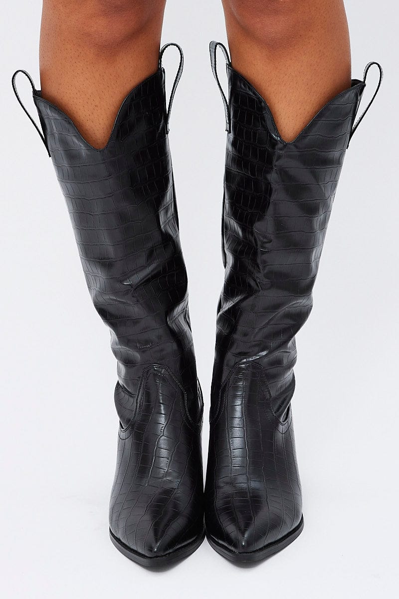 Women’s Black Knee High Cowboy Boots | Ally Fashion
