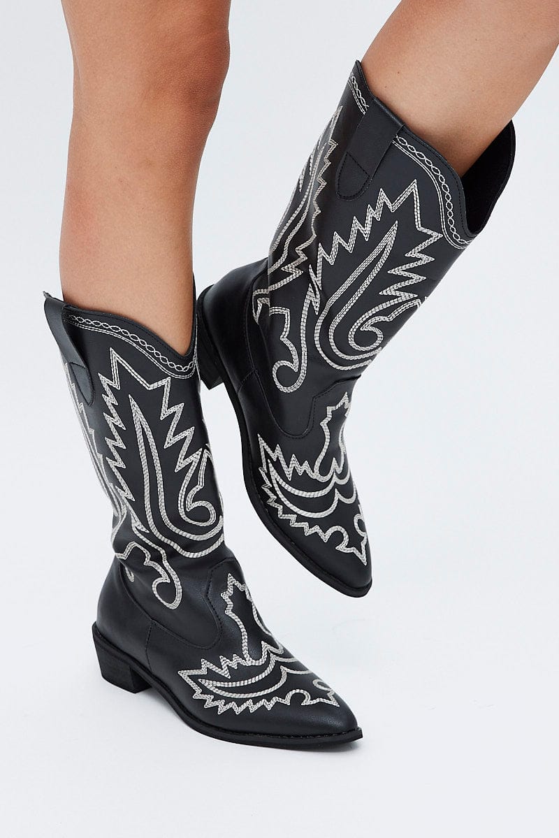 Black Embroidered Cowboy Boots for Ally Fashion