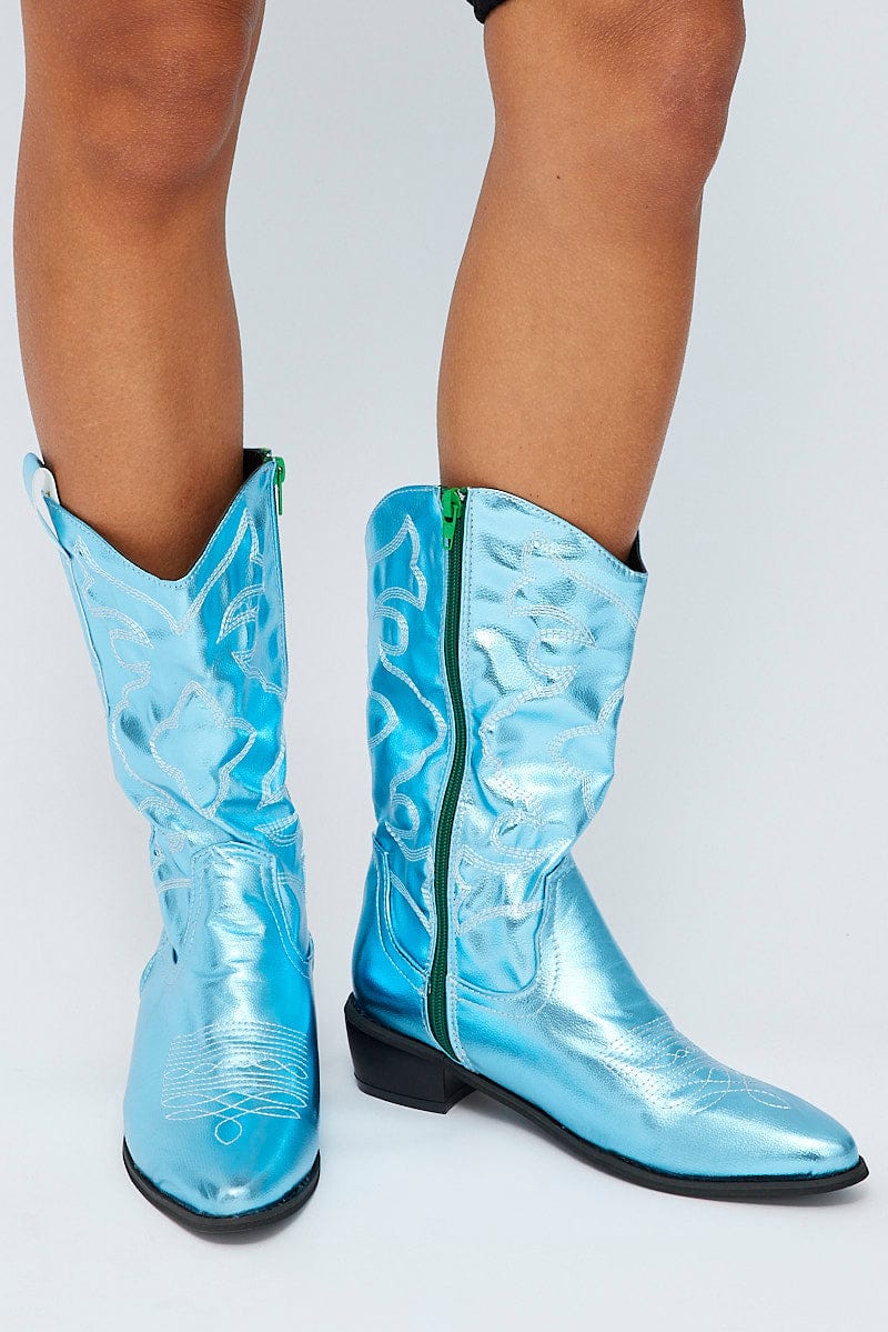 Blue Festival Western Metallic Cowboy Boot for Ally Fashion