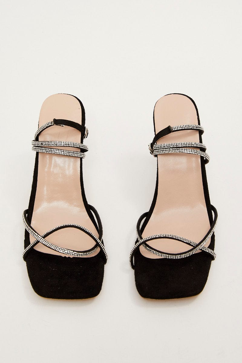 Black Rhinestone Decor Square Toe Ankle Strap Sandals for Ally Fashion