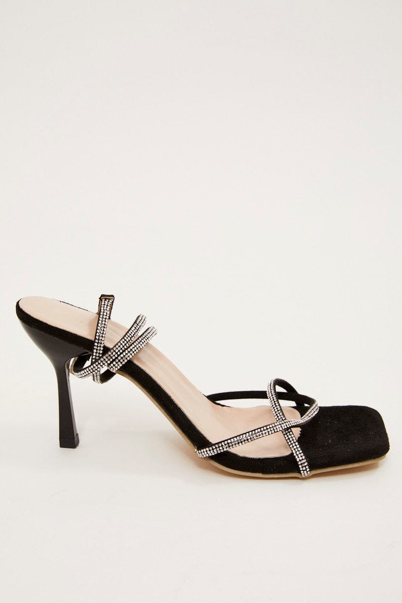 Black Rhinestone Decor Square Toe Ankle Strap Sandals for Ally Fashion