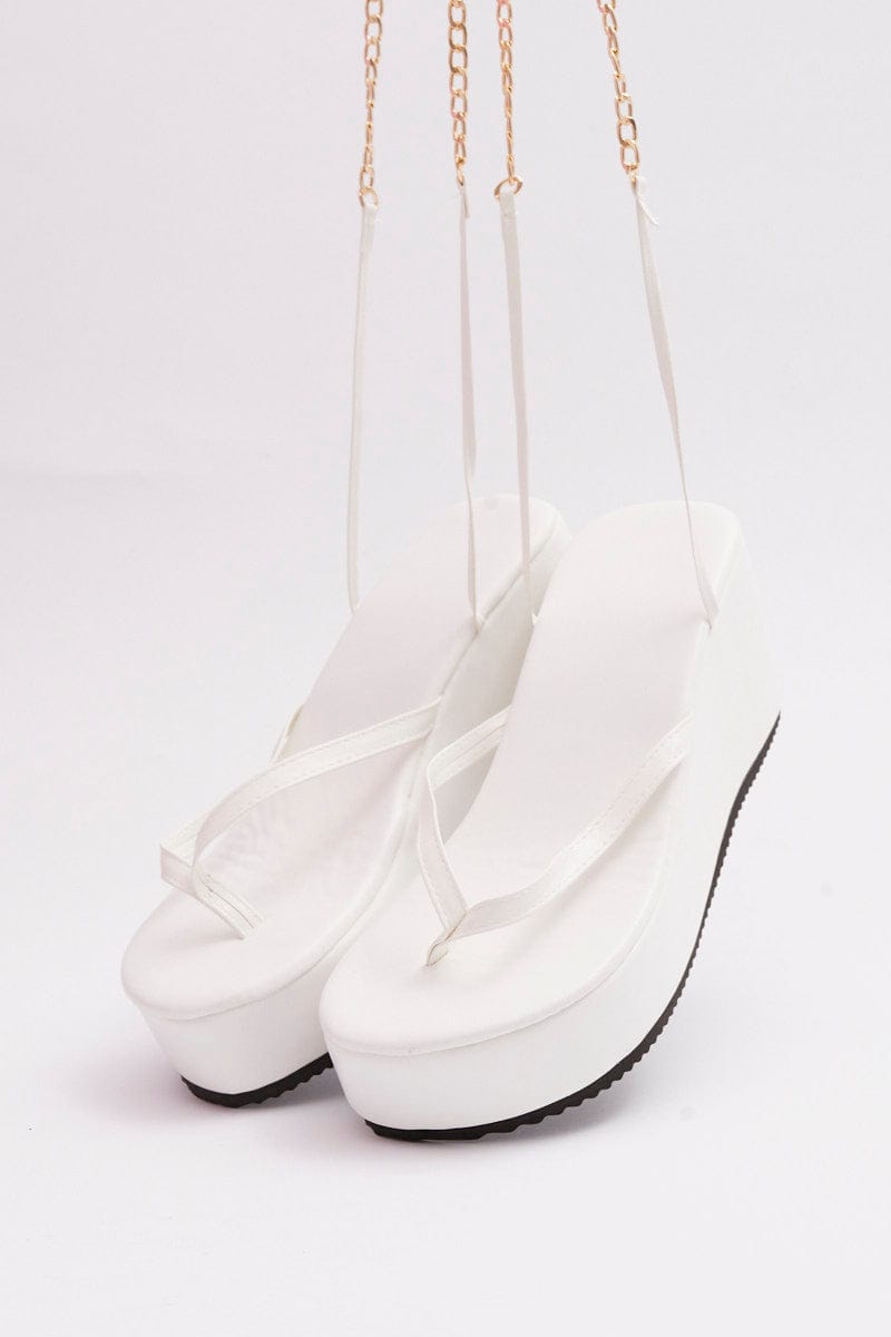 White Chain Decor Tie Leg Toe Post Wedge Thong Sandals for Ally Fashion