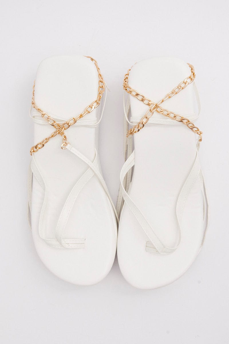 White Chain Decor Tie Leg Toe Post Wedge Thong Sandals for Ally Fashion