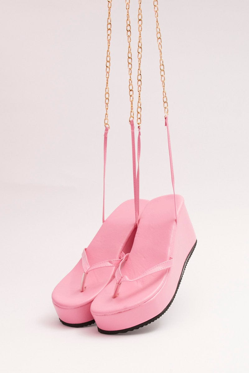 Pink Chain Decor Tie Leg Toe Post Wedge Thong Sandals for Ally Fashion