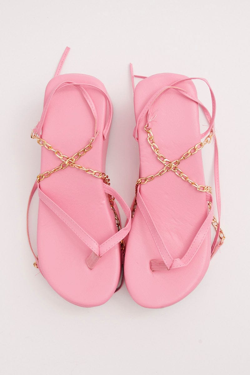 Pink Chain Decor Tie Leg Toe Post Wedge Thong Sandals for Ally Fashion