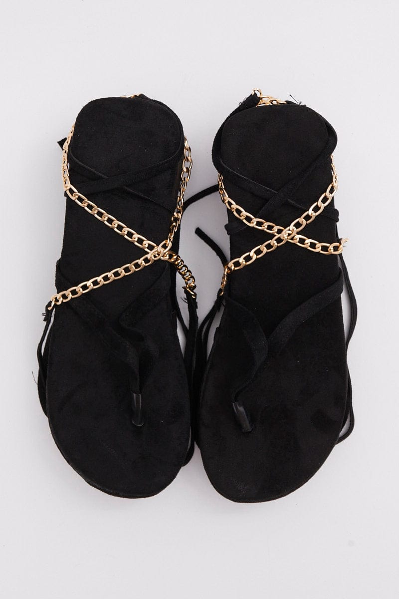 Black Chain Decor Tie Leg Toe Post Wedge Thong Sandals for Ally Fashion