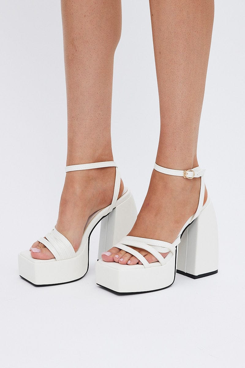 White Pu Platform Strappy Heeled Sandals | PrettyLittleThing USA
