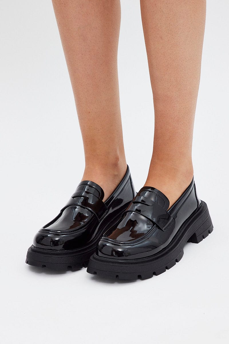 Black Chunky Sole Loafers In Patent | Ally Fashion