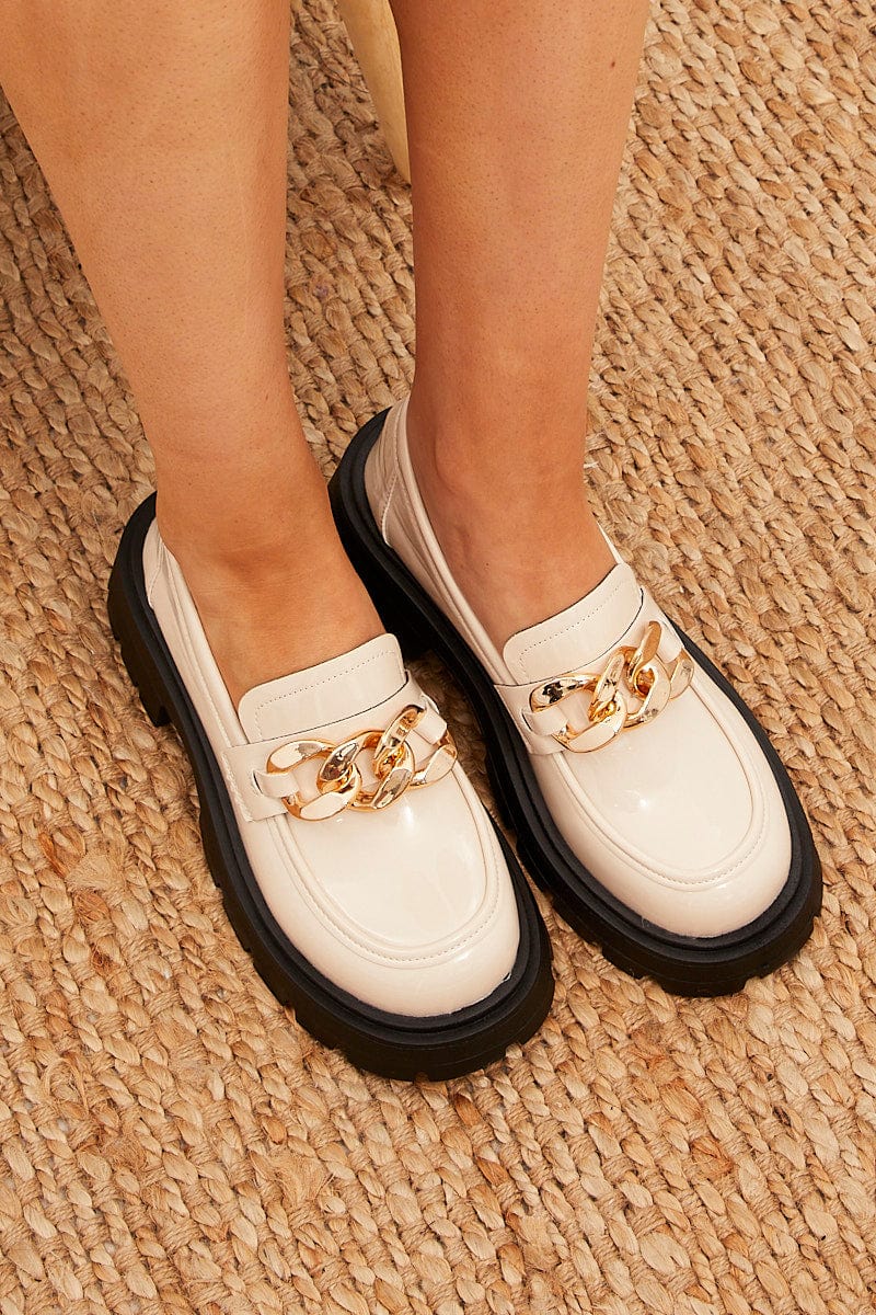 White Chain Detail Chunky Sole Loafers In Patent for Ally Fashion