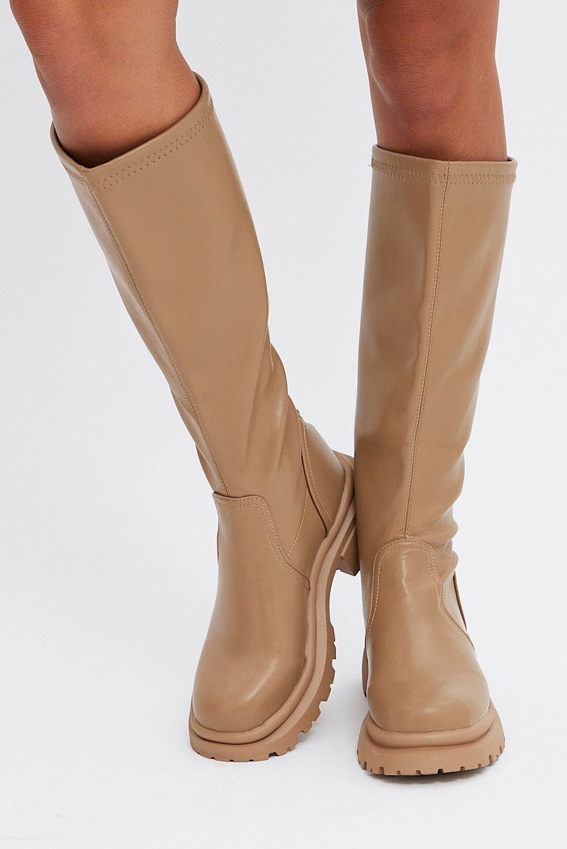 Beige Chunky Knee High Boots for Ally Fashion