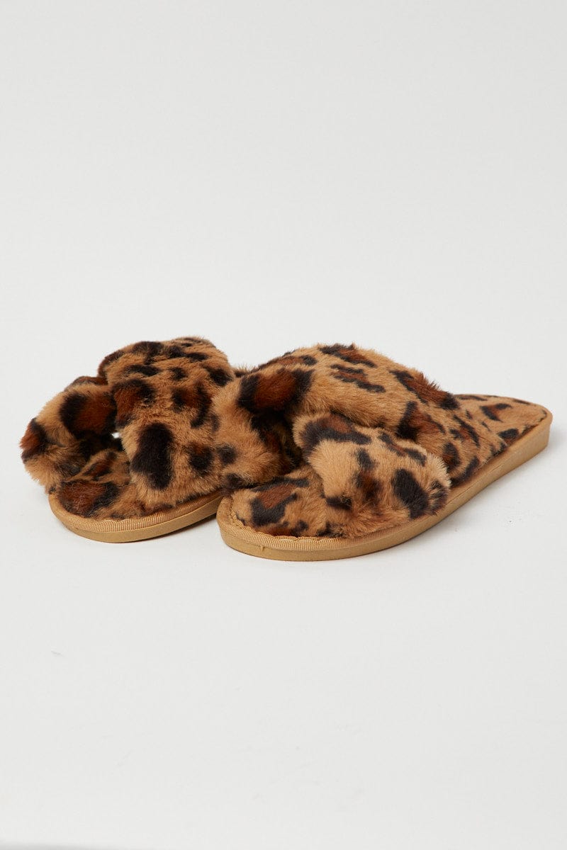Brown Animal Print Faux Fur Slippers for Ally Fashion