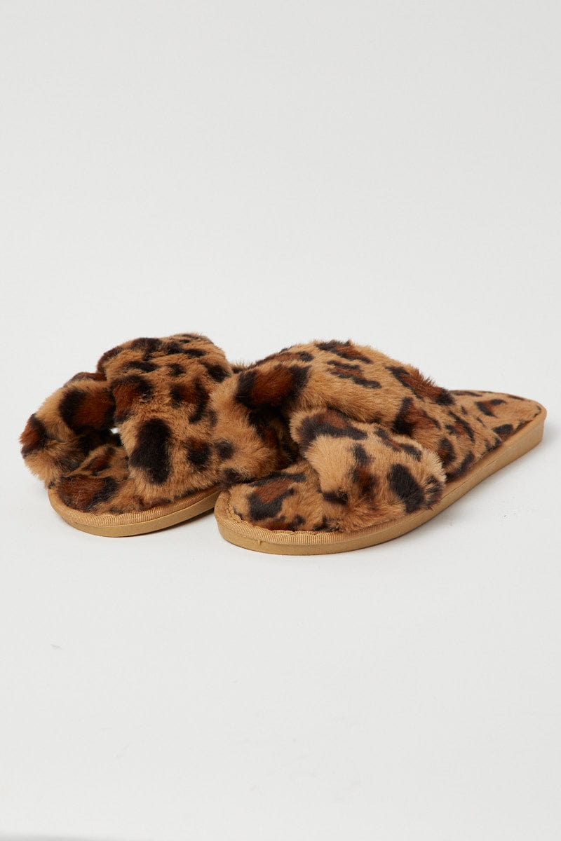 Brown Animal-Print Faux-Fur Slippers from Ally Fashion