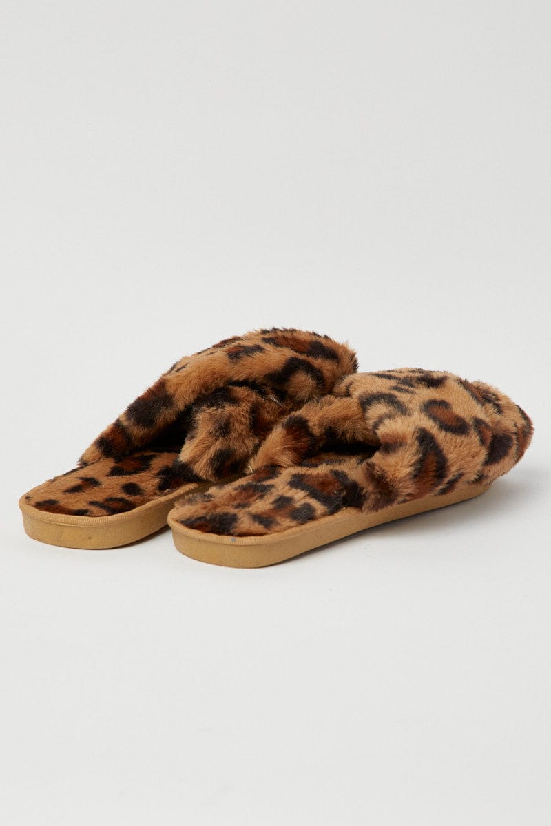 Brown Animal Print Faux Fur Slippers for Ally Fashion