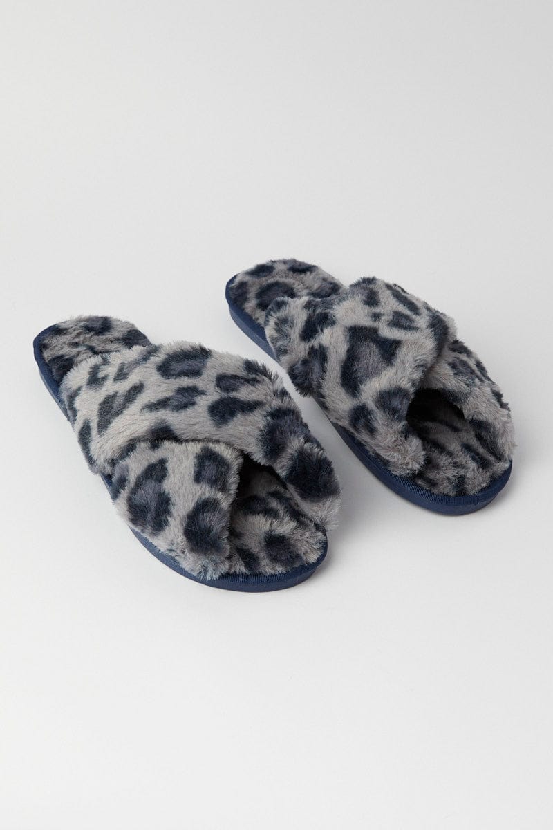 Grey Animal Print Faux Fur Slippers for Ally Fashion