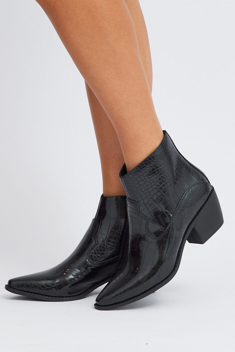 Black Croc Print Western Ankle Boots for Ally Fashion