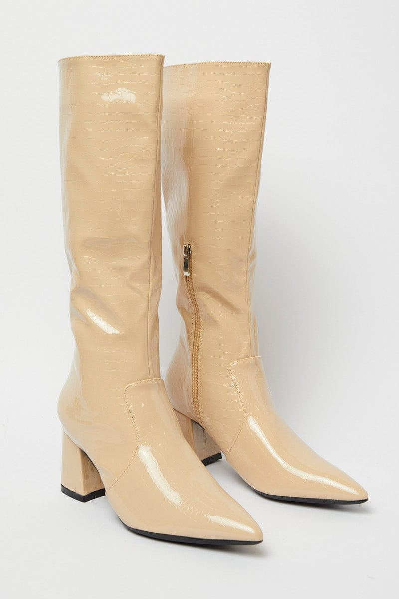 Beige Knee High Boots in Croc for Ally Fashion