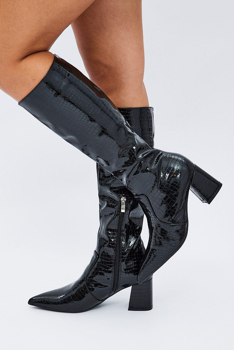 Black Knee High Boots in Croc for Ally Fashion