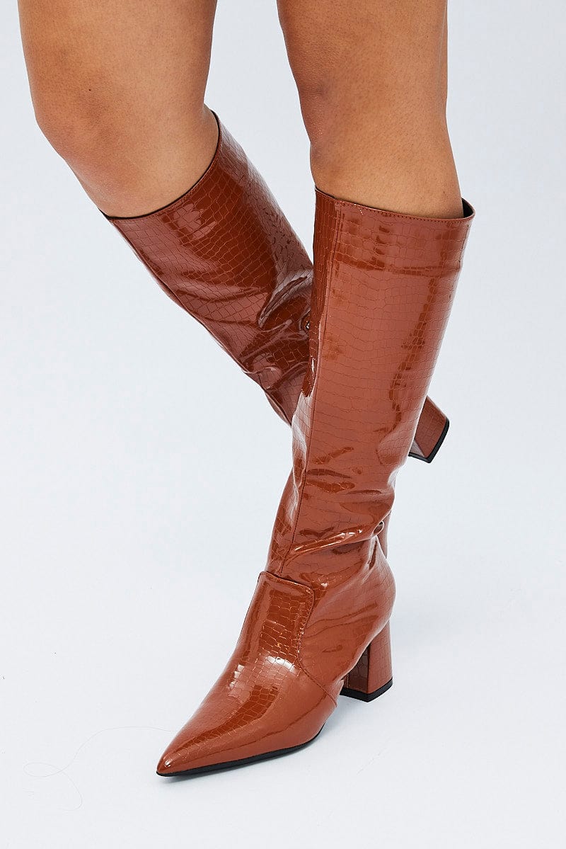 Brown Knee High Boots in Croc for Ally Fashion