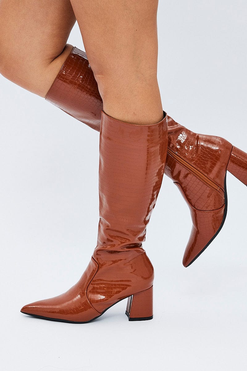 Brown Knee High Boots in Croc for Ally Fashion
