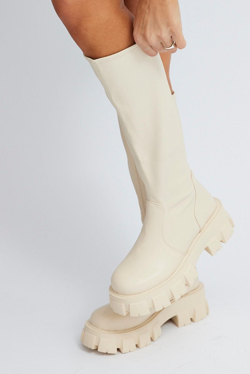 White Chunky Knee High Boots for Ally Fashion