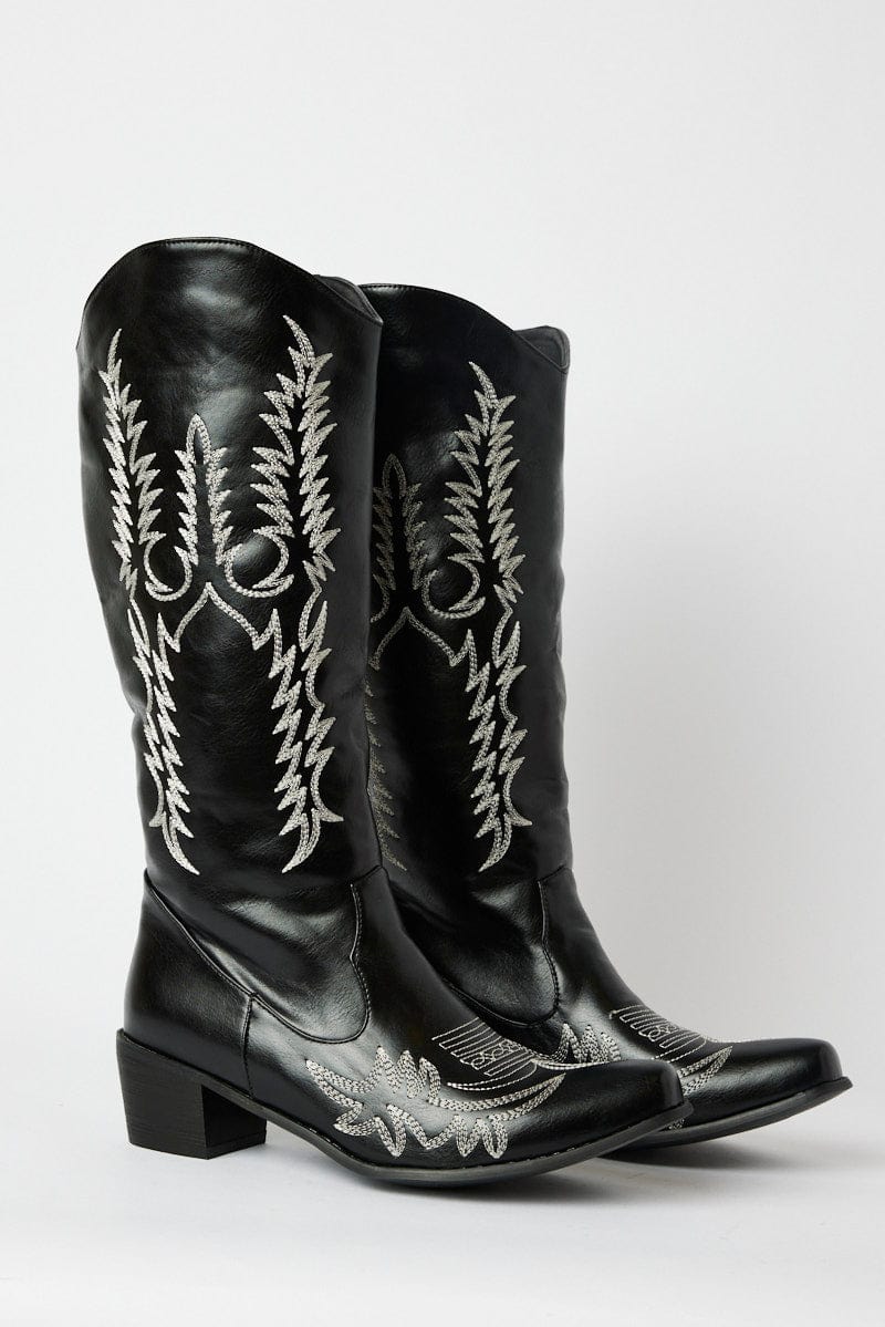 Black Embroidered Cowboy Boots for Ally Fashion