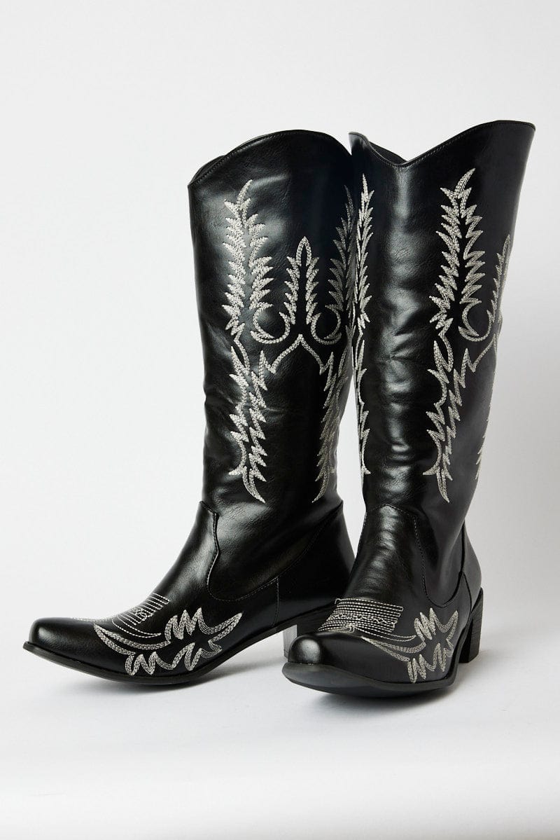 Black Embroidered Cowboy Boots for Ally Fashion