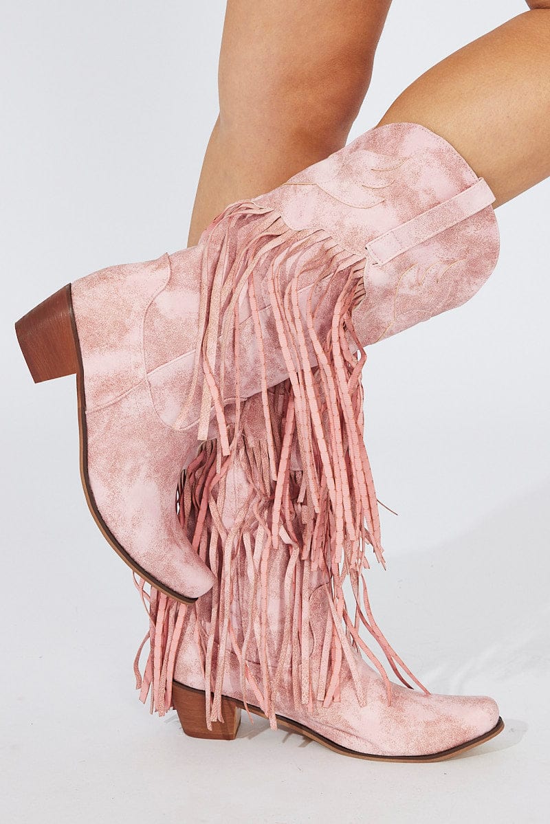 Pink Fringe Western Boots from Ally Fashion