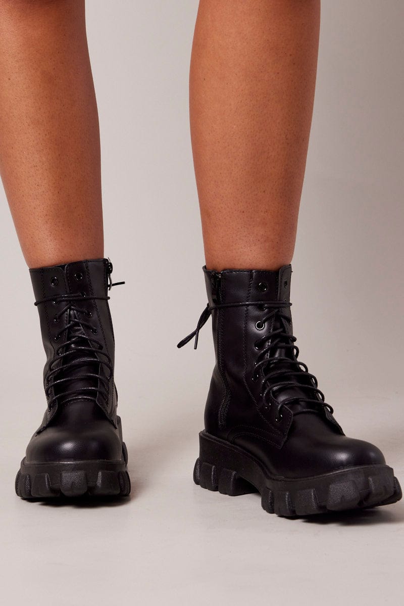 Black Chunky Lace Up Ankle Boots for Ally Fashion