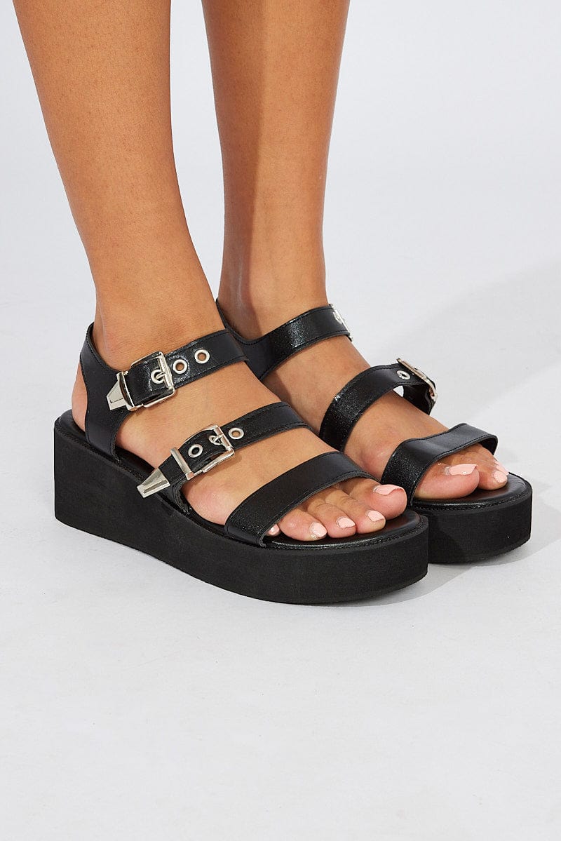 Black Double Buckle Wedges Sandals for Ally Fashion