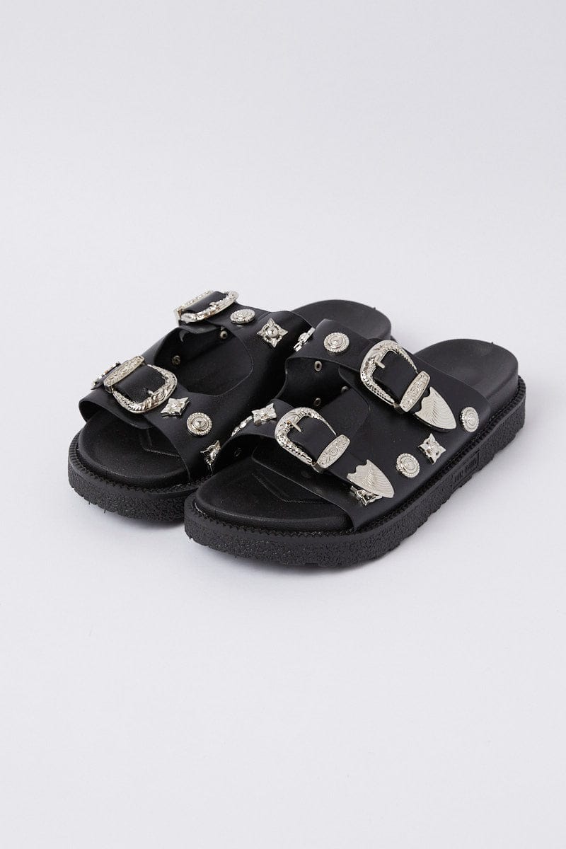 KAYLEE Black Hessian Buckle Closed Toe Summer Sandals