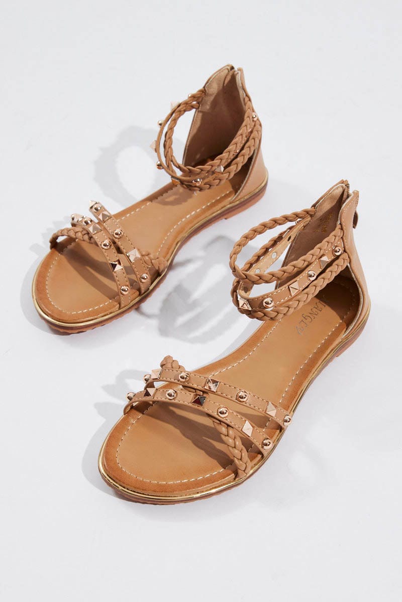 Beige Flat Studded Sandals for Ally Fashion
