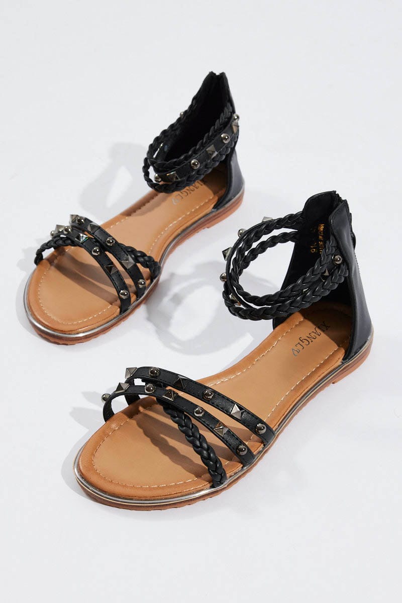 Black Flat Studded Sandals for Ally Fashion